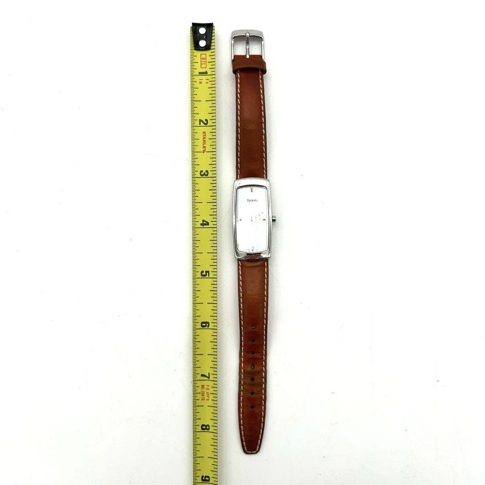 Vintage Y2K Splash Women's Watch Silver Rectangular Minimalist Cognac Leather